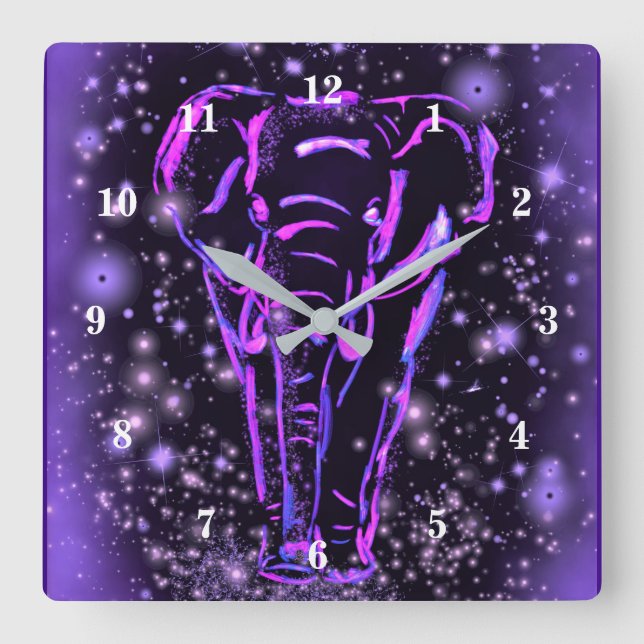 Neon Purple Pink Elephant Walking At Starry Night  Square Wall Clock (Front)