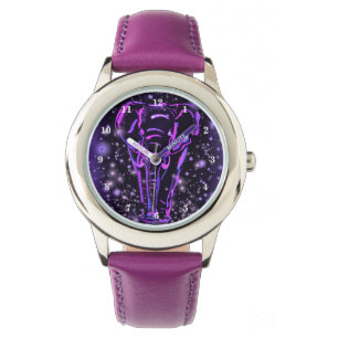Neon Purple Pink Elephant Walking At Starry Night Watch