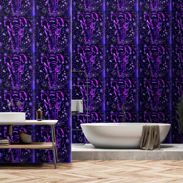 Neon Purple Pink Elephant Walking In Starry Night Wallpaper (Bathroom)