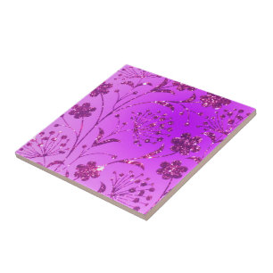 Neon Purple Pink Glitter Flowers Ceramic Tile