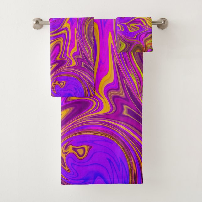 Neon Purple Pink Yellow Abstract Design Bath Towel Set (Insitu)