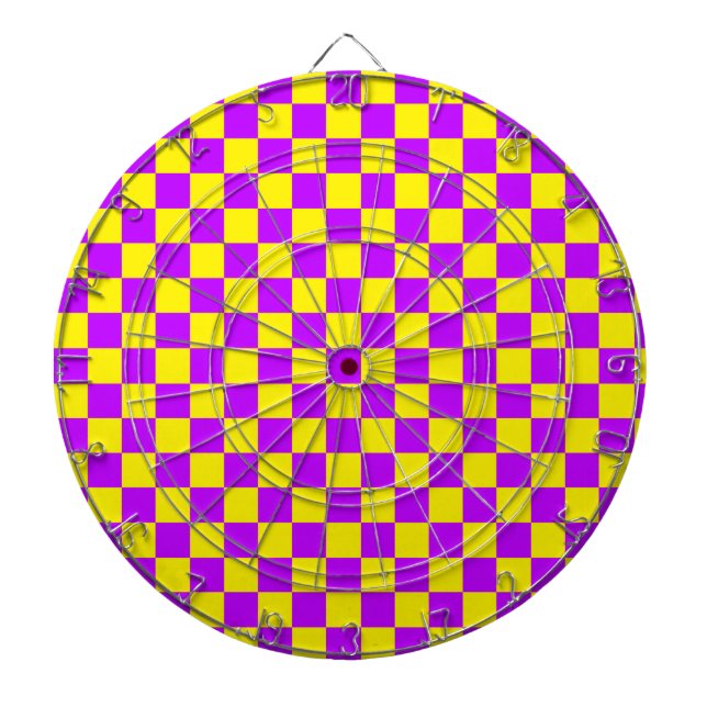 Neon Purple Yellow Chequered Chequerboard Vintage Dartboard (Front)
