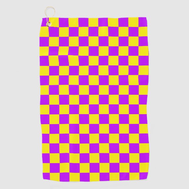 Neon Purple Yellow Chequered Chequerboard Vintage Golf Towel (Front)