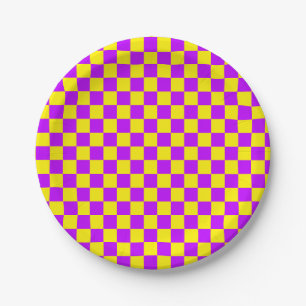 Neon Purple Yellow Chequered Chequerboard Vintage Paper Plate