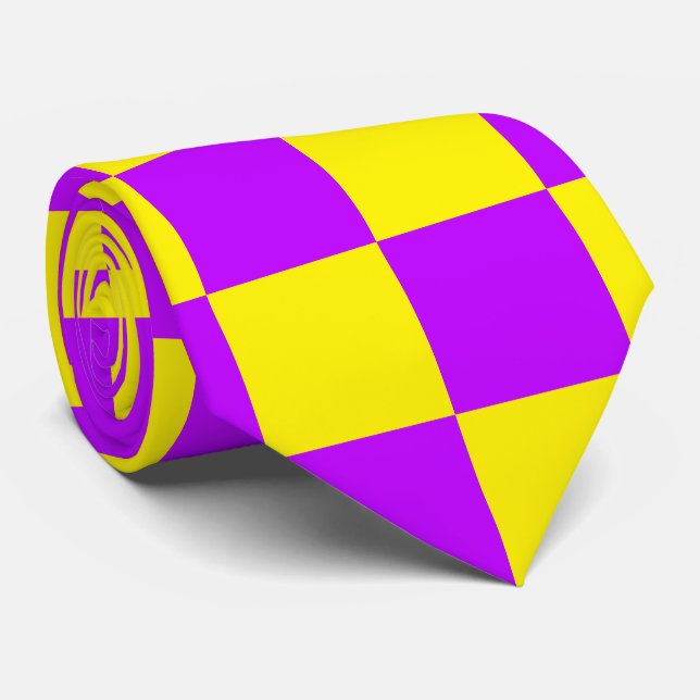 Neon Purple Yellow Chequered Chequerboard Vintage Tie (Rolled)