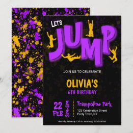 Neon Purple Yellow Paint Trampoline Party Birthday Invitation