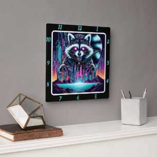 Neon Raccoon Skyline Pulse Square Wall Clock