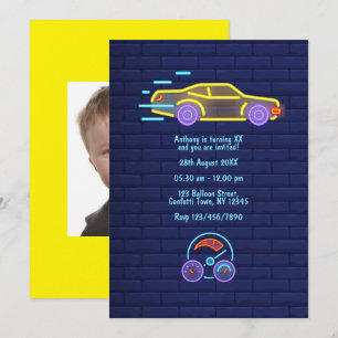Neon Racing Car Birthday Party Photo Invitation