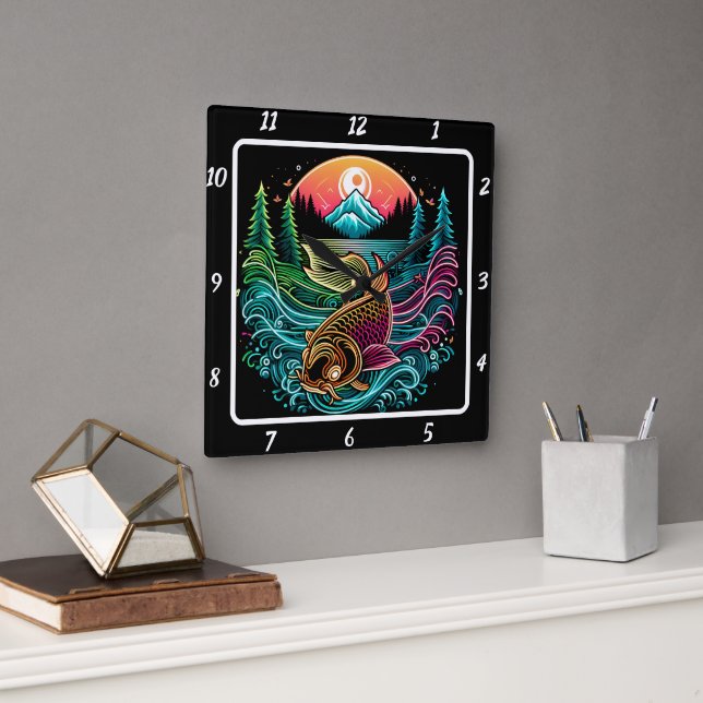 Neon Radiant Koi Gold Fish Serenity Square Wall Clock (Office)