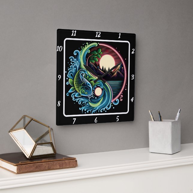 Neon Radiant Koi Gold Fish Zen Square Wall Clock (Office)