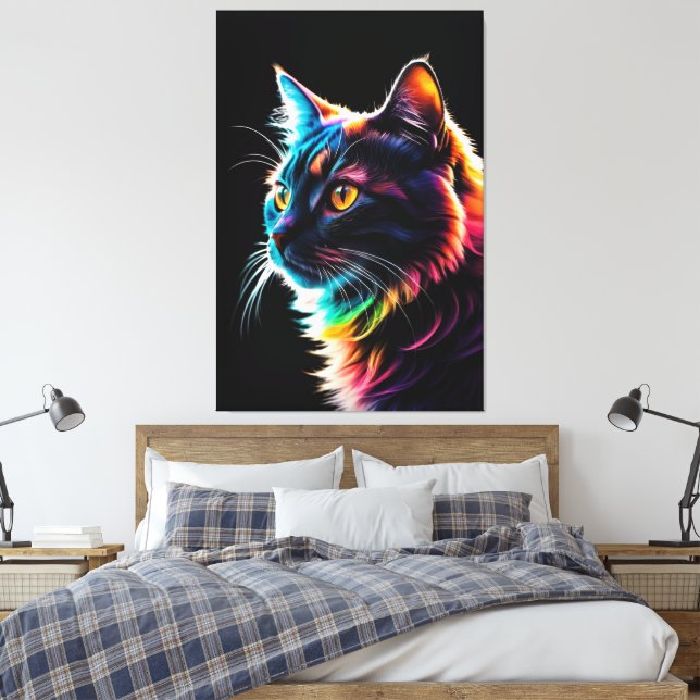 Neon Rainbow Cat Portrait – Modern Colorful Canvas Print (Insitu(Bedroom))