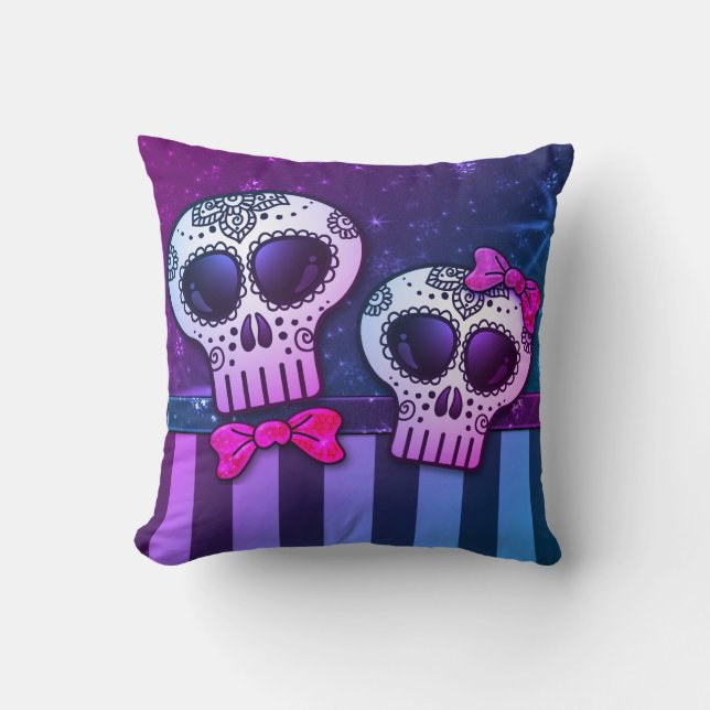 Neon Rainbow Day of The Dead Glitter Sugar Skulls Throw Pillow (Front)