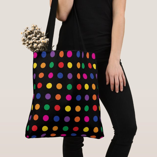 Neon Rainbow Dots On Black Tote Bag (Close Up)