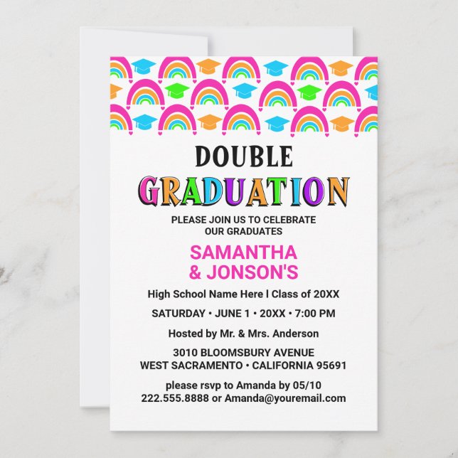 Neon Rainbow Double Graduation Party Invitations (Front)