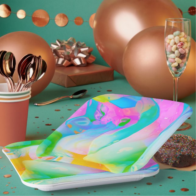 Neon Rainbow Fluid Abstract Paper Plate (Multi)