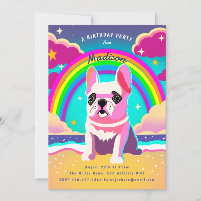Neon Rainbow Frenchie Retro Birthday Invitation (Front)