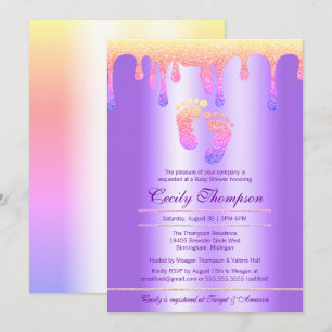 Neon Rainbow Glitter Drip Luxury Baby Feet Shower Invitation