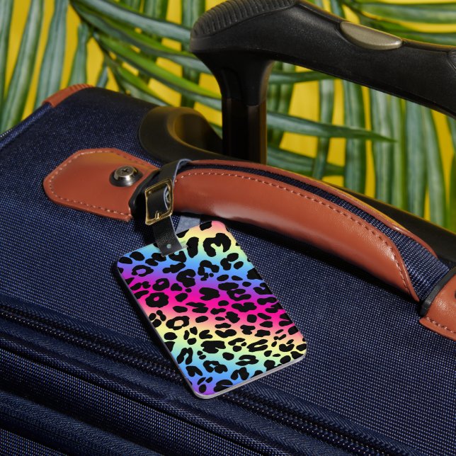 Neon Rainbow Leopard Pattern Print Luggage Tag (Front Insitu 1)