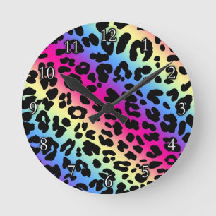 Neon Rainbow Leopard Pattern Print Round Clock