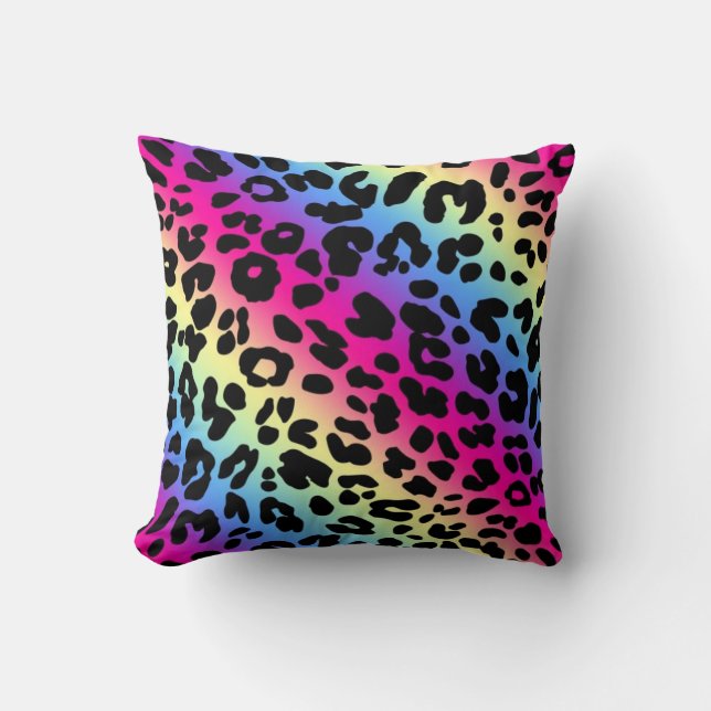 Neon Rainbow Leopard Pattern Print Throw Pillow (Front)