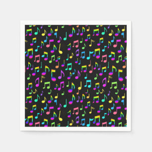 Neon Rainbow Musical Notes On Black Napkin