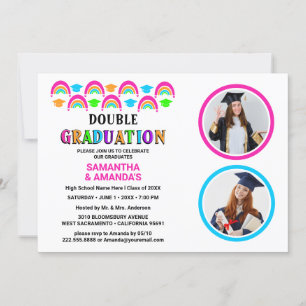Neon Rainbow Photo Double Graduation Party Invitation