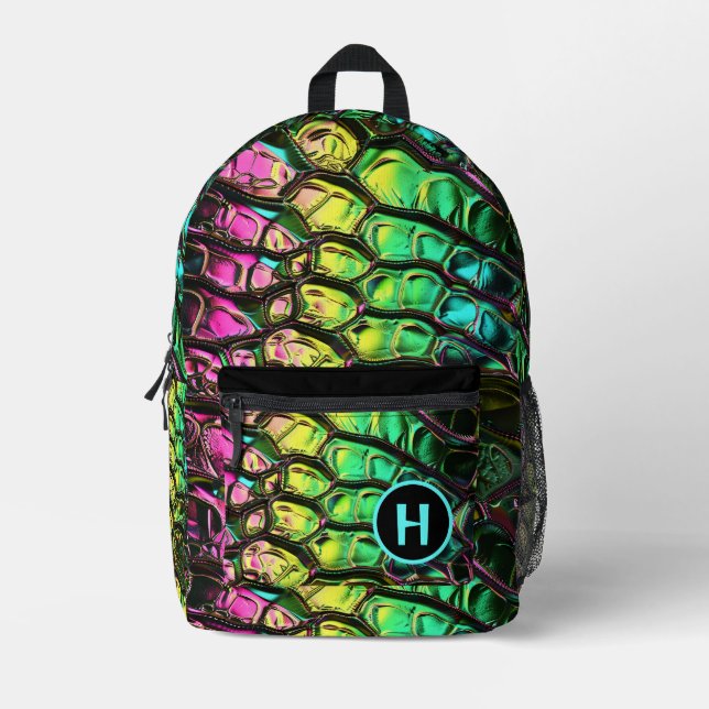 Neon Rainbow Reptile Snake Monogram Printed Backpack (Front)