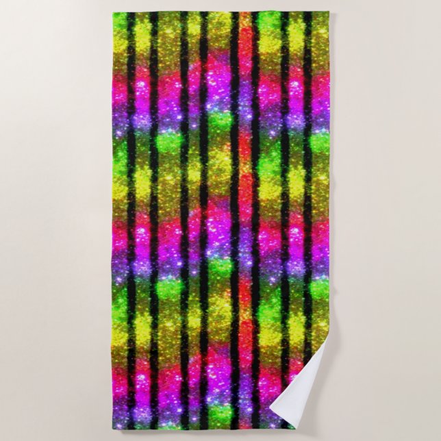 Neon Rainbow Shimmer Stripes Beach Towel (Front)