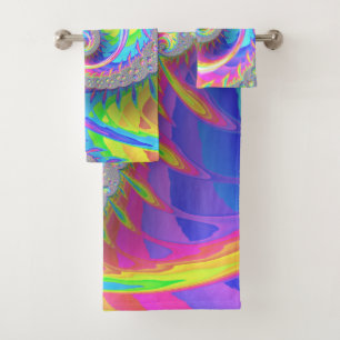 Neon Rainbow Spiral Fractal Abstract Digital Art Bath Towel Set