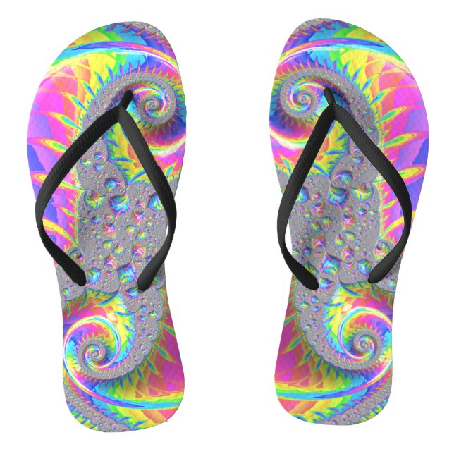 Neon Rainbow Spiral Fractal Abstract Digital Art Flip Flops (Footbed)