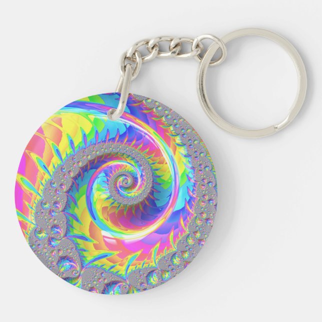 Neon Rainbow Spiral Fractal Abstract Digital Art Keychain (Back)