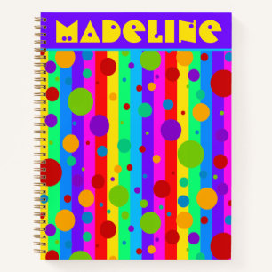 Neon Rainbow Stripe and Polka Dot Custom Notebook