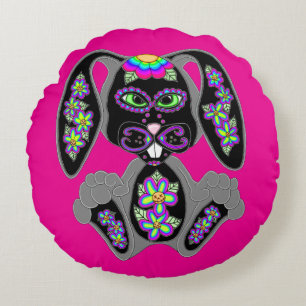 Neon Rainbow Sugar Skull Bunny Round Pillow