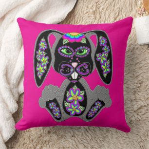 Neon Rainbow Sugar Skull Bunny Throw Pillow
