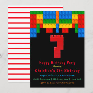 Neon Red Building Blocks 7th Birthday Invitations