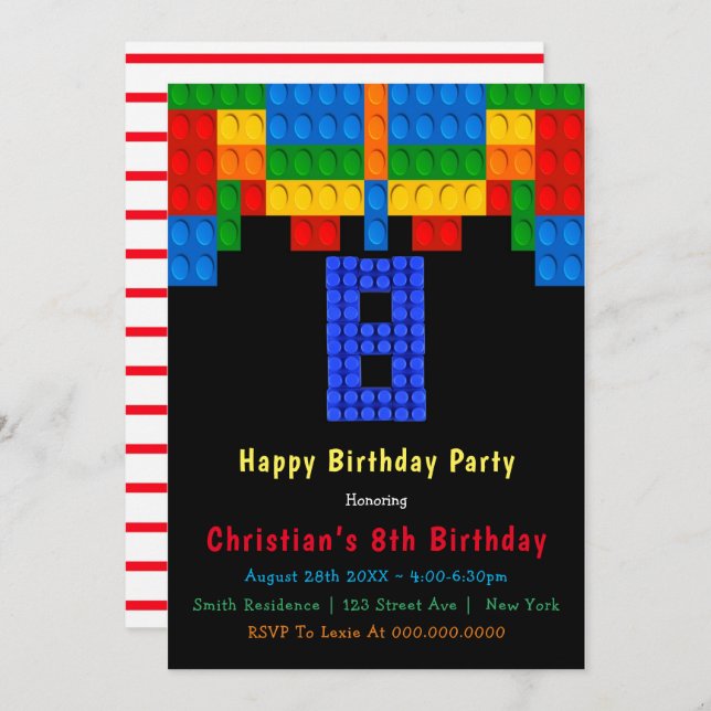 Neon Red Building Blocks 8th Birthday Invitations (Front/Back)