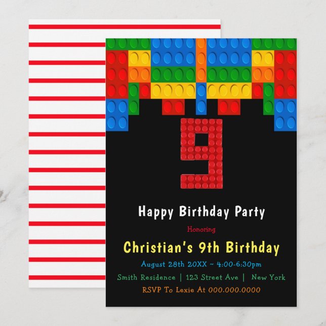 Neon Red Building Blocks 9th Birthday Invitations (Front/Back)