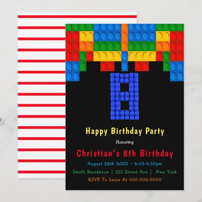 Neon Red Building Blocks Invitations 8e anniversai (Devant / Derrière)