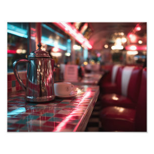 Neon Red Diner Counter Retro Night Scene Photo Print
