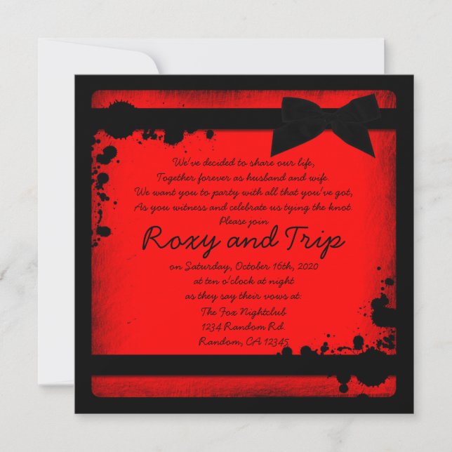 Neon red grunge black ribbon wedding invites (Front)