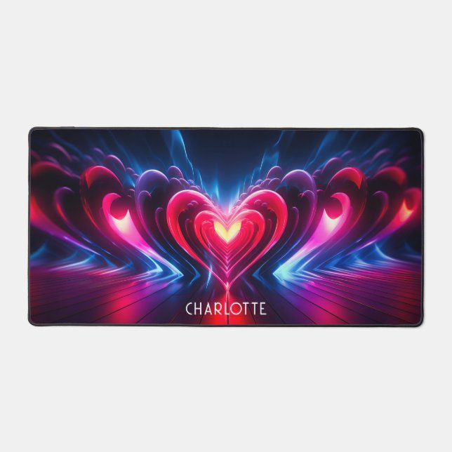 Neon Red Pink Heart Personalized Name Desk Mat (Front)
