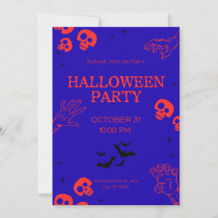 Neon Red Skulls Purple Halloween Party Invitation