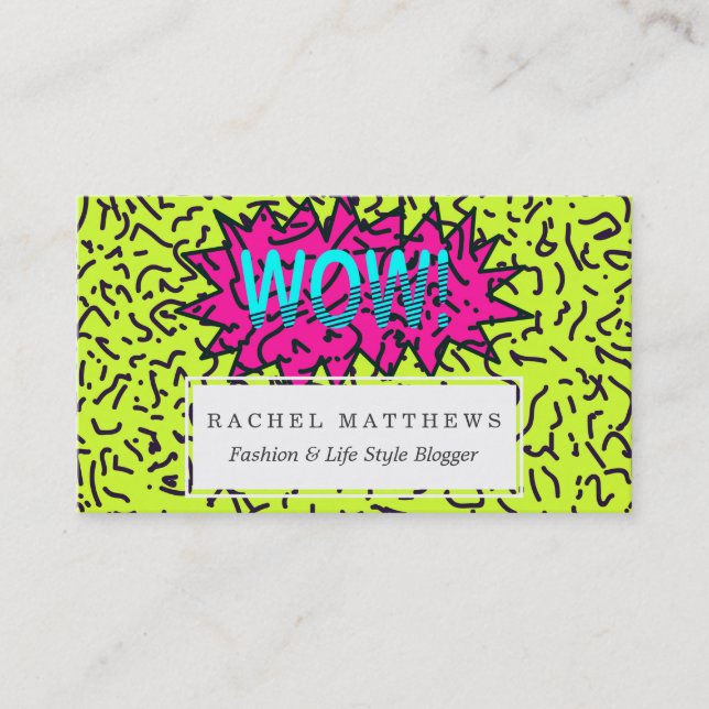 Neon Retro 80's 90's Scribbled Wow! Typography Business Card (Front)