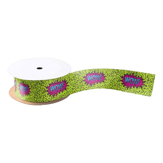 Neon Retro 80's 90's Scribbled Wow! Typography Satin Ribbon (Spool)