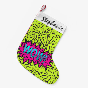 Neon Retro 80's 90's Scribbled Wow! Typography Small Christmas Stocking