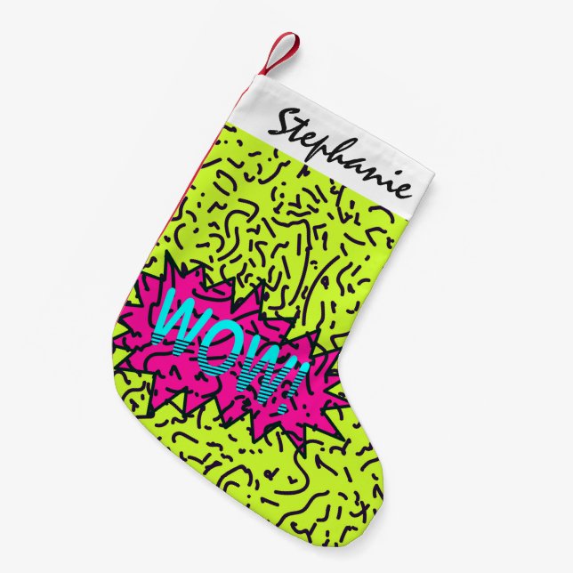 Neon Retro 80's 90's Scribbled Wow! Typography Small Christmas Stocking (Front (Hanging))