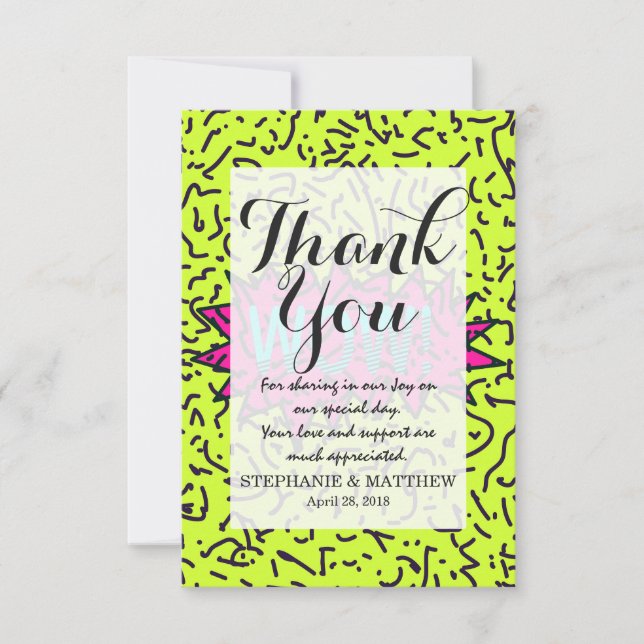 Neon Retro 80's 90's Scribbled Wow! Typography Thank You Card (Front)