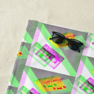 Neon Retro Cassette Tapes Beach Towel