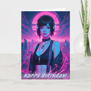 Neon Retro Cyber Punk Rock Girl Card
