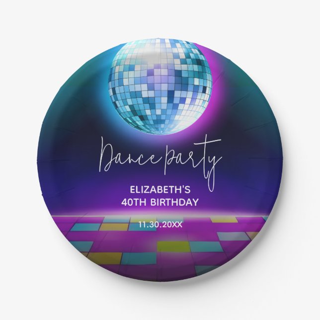 Neon Retro Dance Disco Birthday Party Welcome Paper Plate (Front)